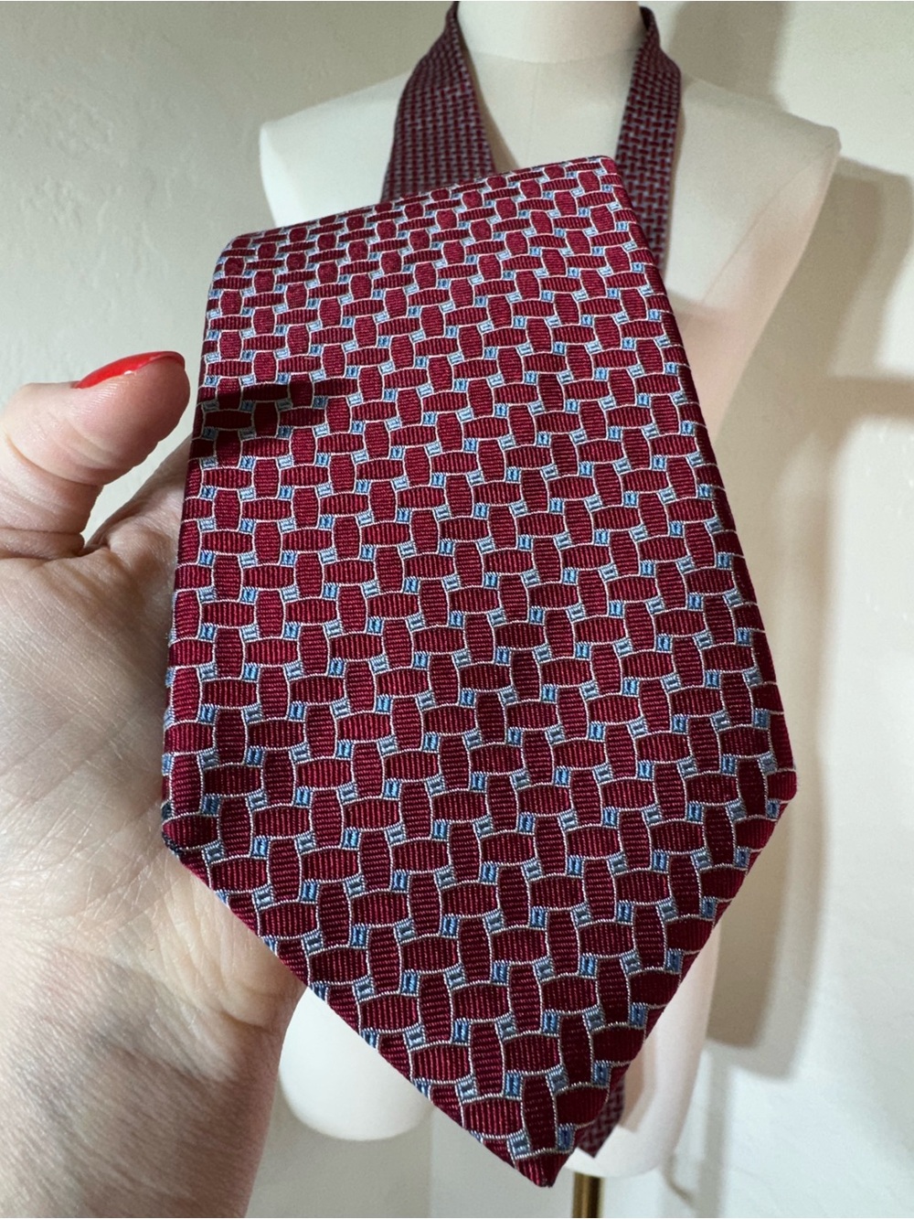 Brooks Brothers Burgundy Silk Tie with Light Blue Geometric Pattern